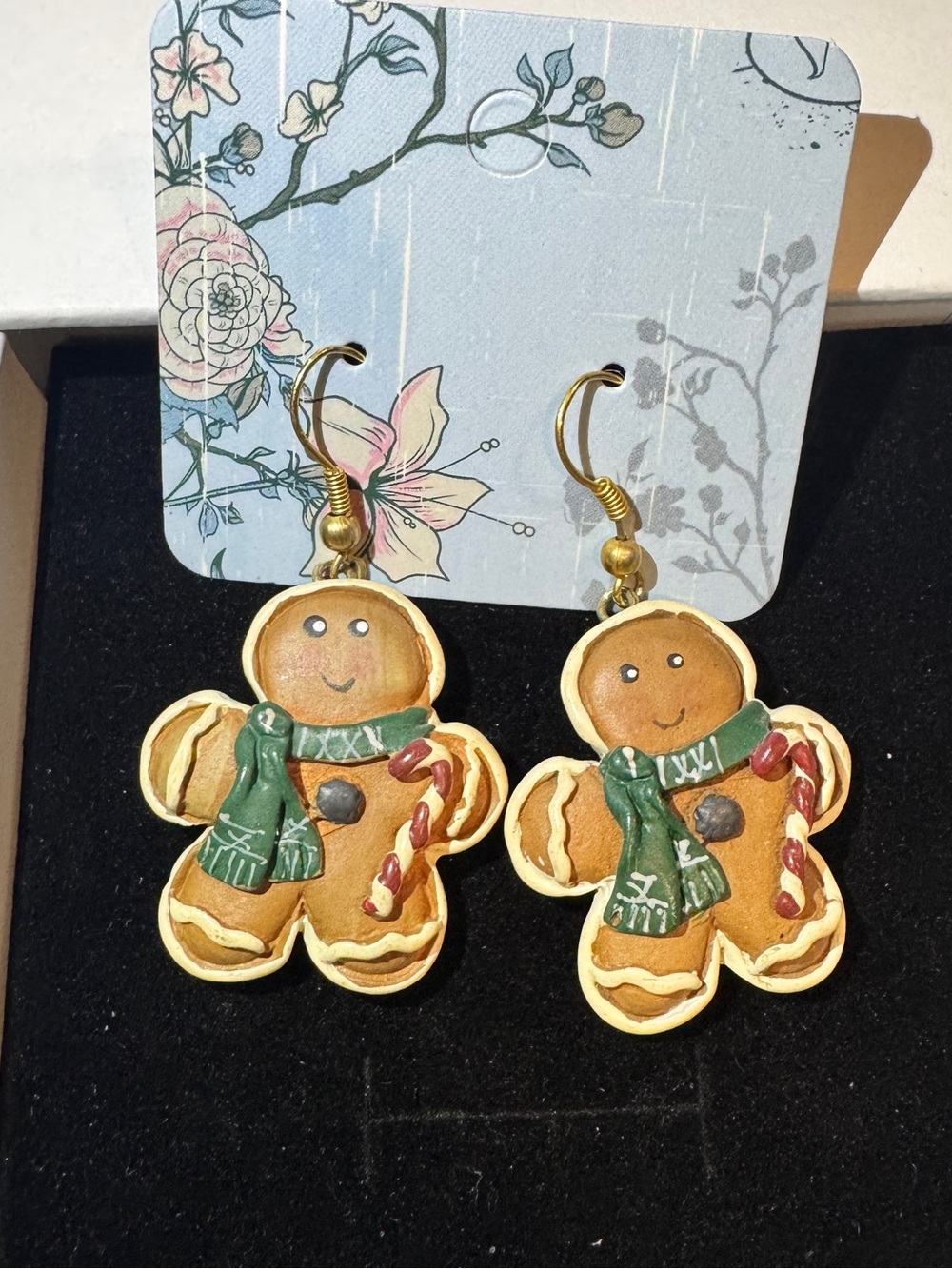 Gingerbread Man Dangle Earrings with Green Scarf Christmas